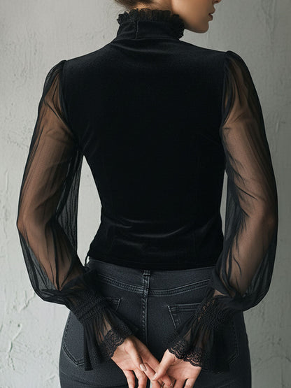Noctra – Dames Fluwelen Corset Top met Kant en Transparante Mouwen