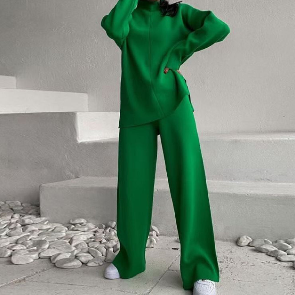 Dames Lounge Set Gebreid Coltrui en Wijde Broek - Mode Vibes