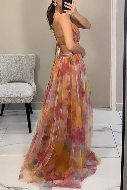 Zomerjurk Bloemenprint Maxi Jurk Diepe Halslijn Vrouwen