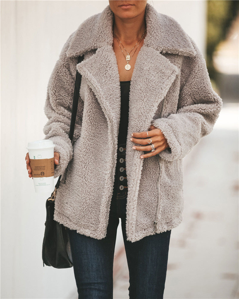 Dames Teddyjas Rits Trendy Zwart Wollen Jacket