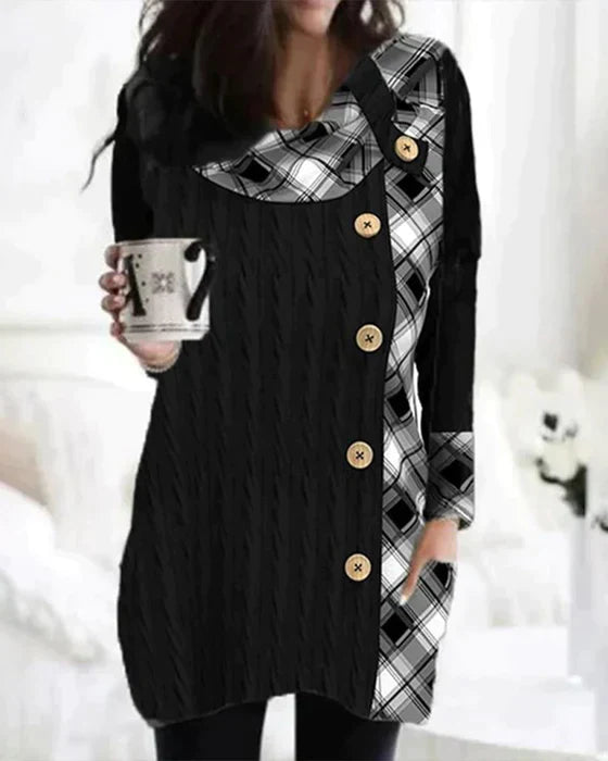 Geruite Jurk met Knopen voor Vrouw Patchwork Stijl - Mode Vibes