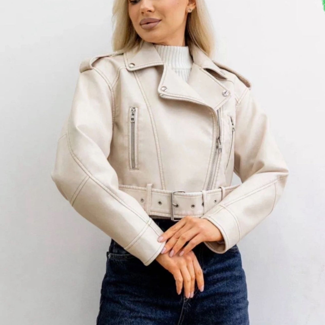 Dames Bikerjas Kort Leder Trendy Model