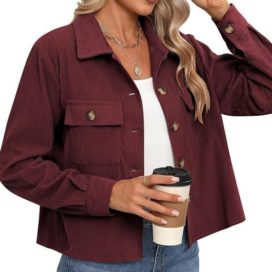 Korte Dames Corduroy Jas Trendy Bruin