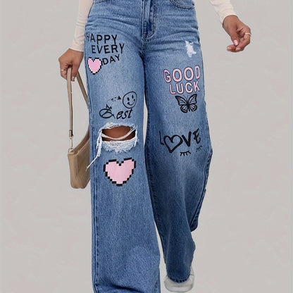 Dames Jeans met Grappige Hartjes en Kleurrijke Prints