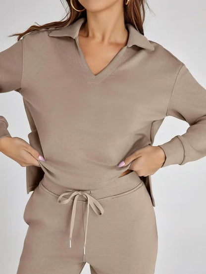 Dames Tweedelige Set met V-Hals Sweatshirt en Wijde Broek – Comfortabel & Stijlvol – Voor Herfst/Winter