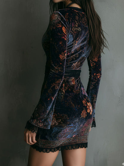 Lunara – Dames Fluwelen Mini Jurk met Bloemenprint, V-Hals en Kantdetails