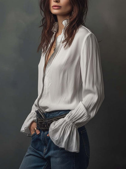 Dames Witte Blouse met Ritssluiting en Volantmouwen