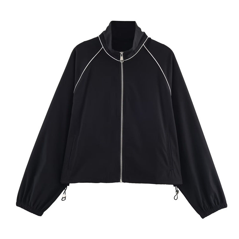 Dames Sportieve Nylon Jas Zwart Rits Contrast