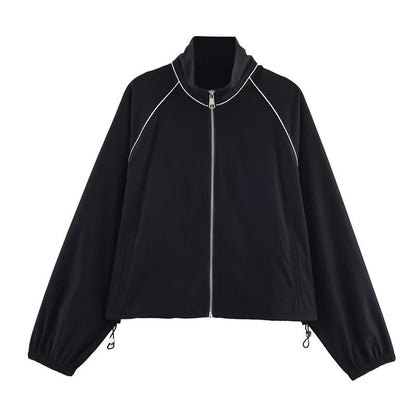 Dames Sportieve Nylon Jas Zwart Rits Contrast