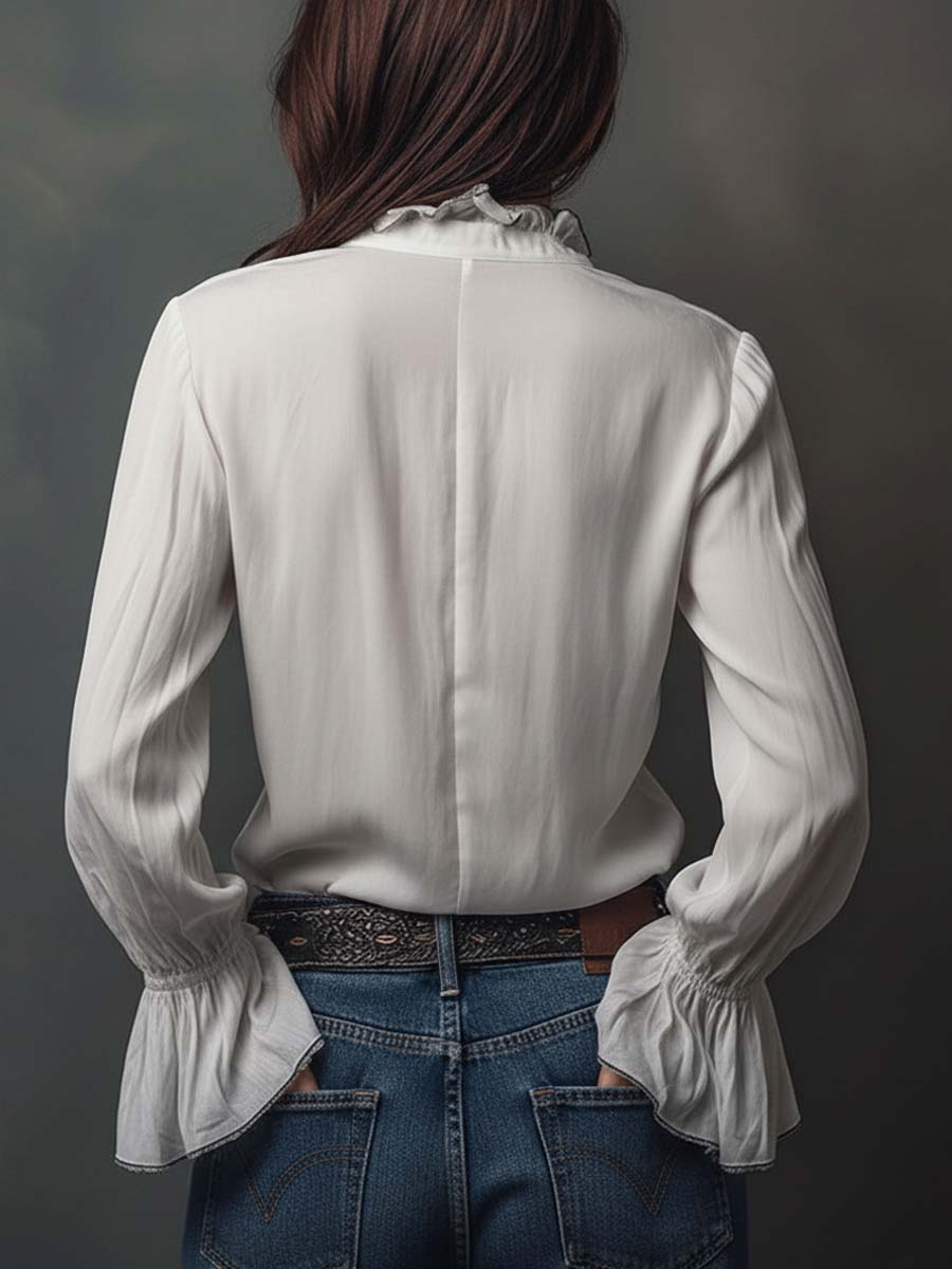 Dames Witte Blouse met Ritssluiting en Volantmouwen