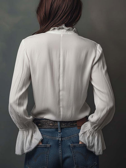 Dames Witte Blouse met Ritssluiting en Volantmouwen