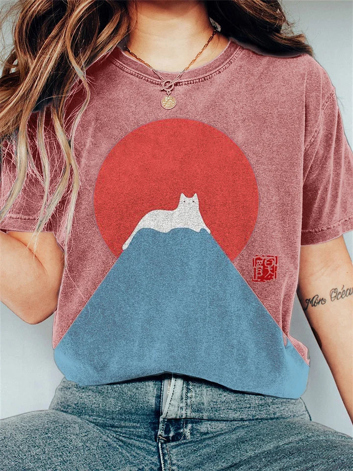 Katoenen T-shirt met Grappige Kat en Berg Print