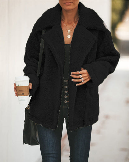 Dames Teddyjas Rits Trendy Zwart Wollen Jacket