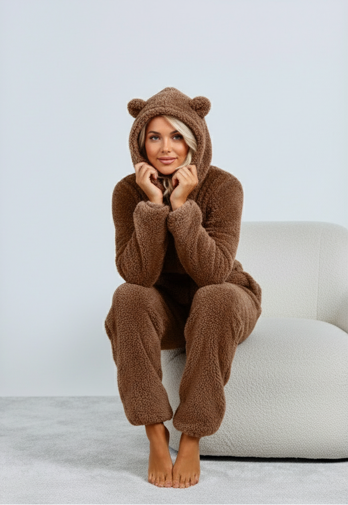 Dames Teddy Onesie met Beren Oortjes Zacht en Comfortabel