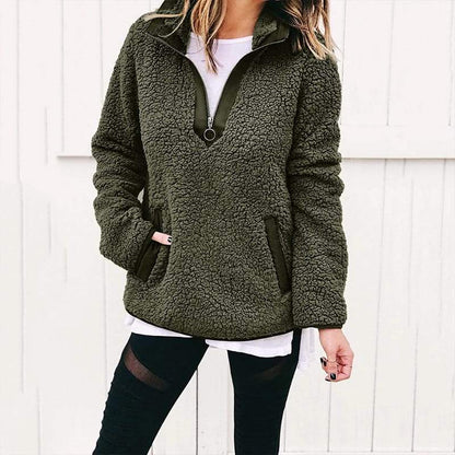 Dames Teddy Fleece Trui met Rits en Hoge Kraag Zwart