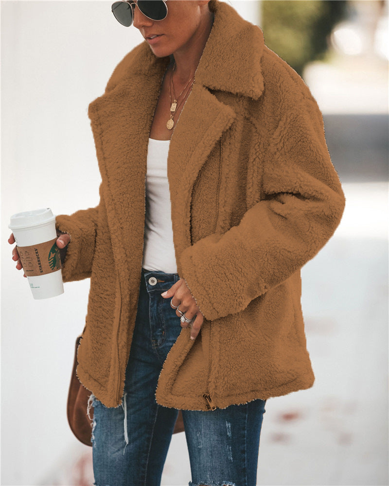 Dames Teddyjas Rits Trendy Zwart Wollen Jacket