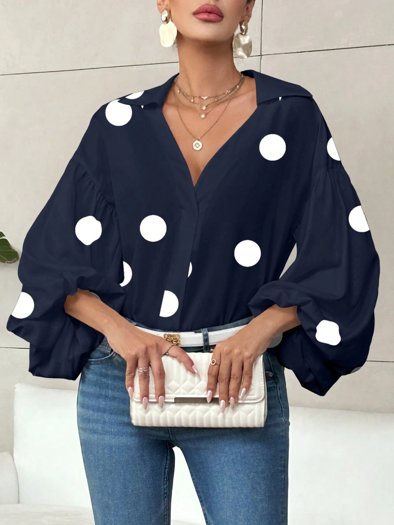 Dames Blouse met Ballon Mouwen en Grote Polka Dot Print