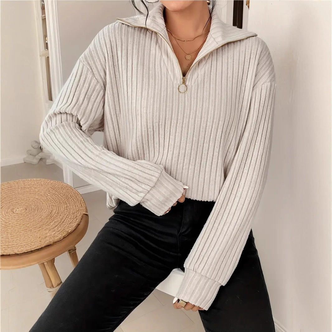 Dames Warme Rib Top met Lange Mouwen en Rits