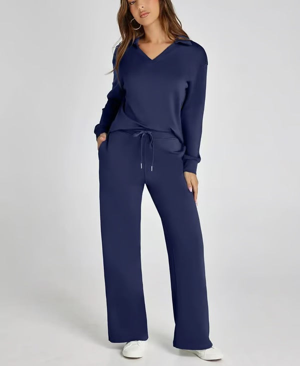Dames Tweedelige Set met V-Hals Sweater en Wijde Broek – Comfort voor Herfst & Winter