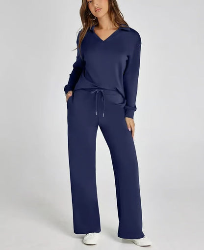 Dames Tweedelige Set met V-Hals Sweatshirt en Wijde Broek – Comfortabel & Stijlvol – Voor Herfst/Winter