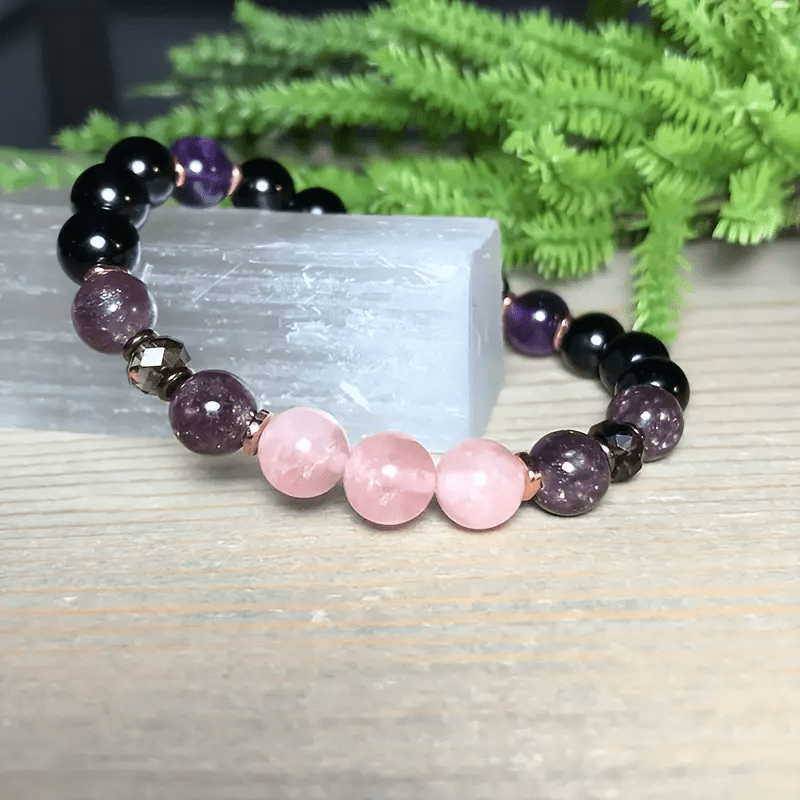Rozenkwarts Armband met Obsidiaan en Amethist Edelstenen