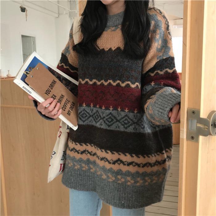 Dames Trui Warm Gebreid Aztec Print Rensy