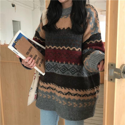 Dames Trui Warm Gebreid Aztec Print Rensy