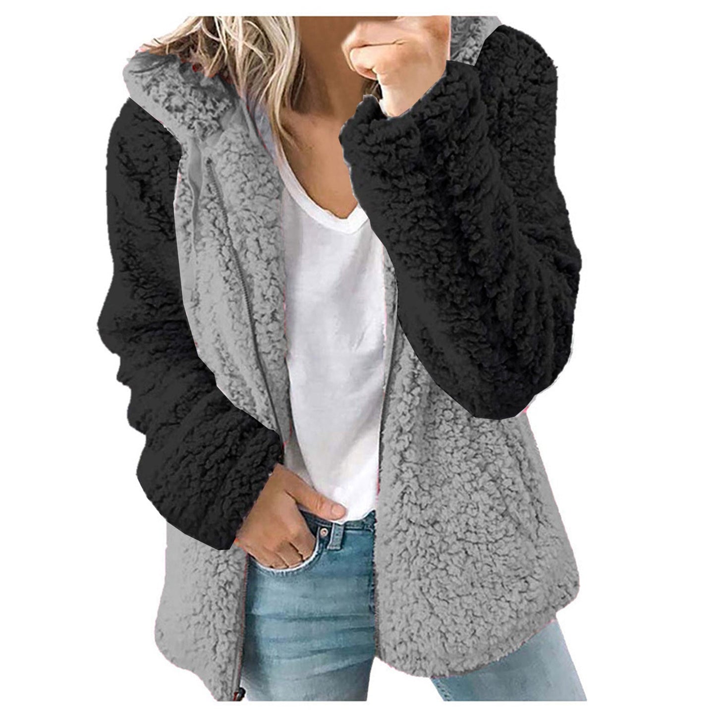 Dames Fleece Vest Zacht met Capuchon en Contrasterende Mouwen
