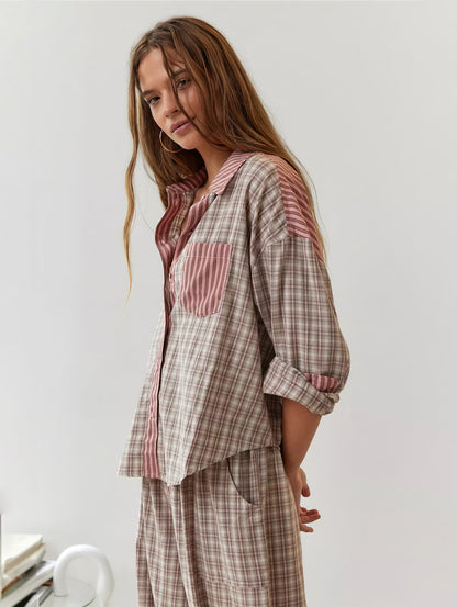 Geruite Pyjamaset voor Vrouw Casual Chic Losse Delen