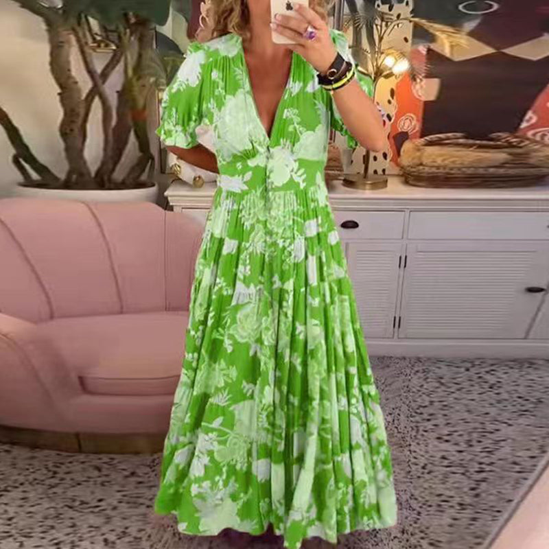 Vrouwelijke Lange Jurk met V-hals Zomerjurk - Mode Vibes