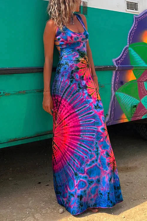 Maxi Jurk Kant en Tie-Dye Print Zomerjurk Vrouw