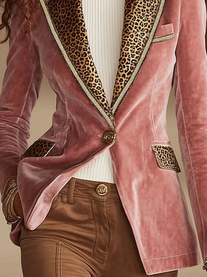 Dames Fluwelen Blazer met Luipaardprint en Eén Knoop – Roze