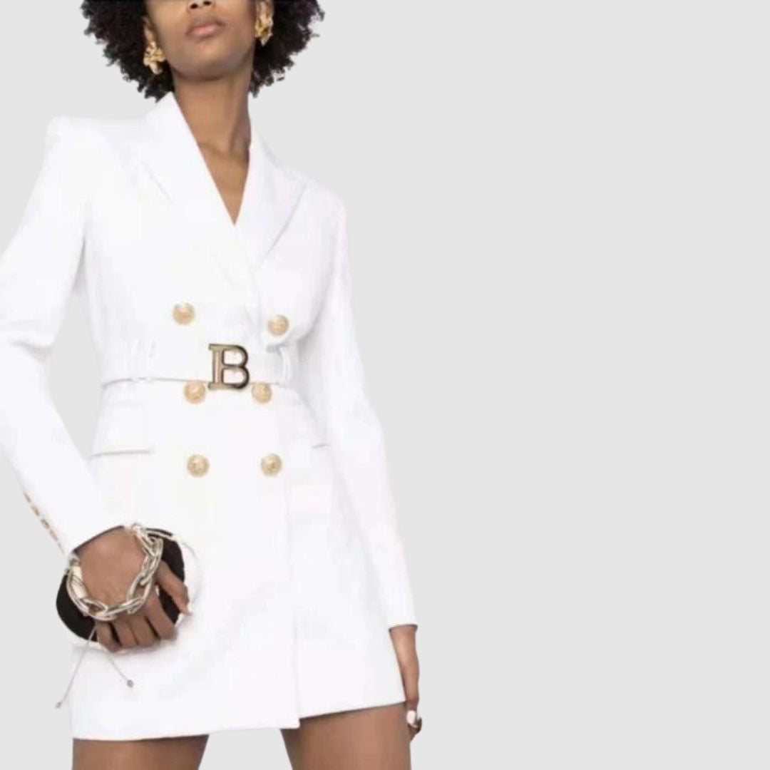 Blazerjurk Double-Breasted Met Riem Elegant Dame Jurk