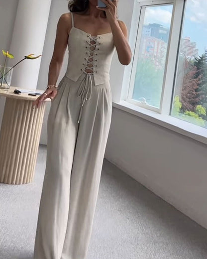 Dames Tweedelige Set Tweed Met Strik Wijde Broek