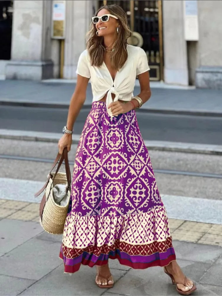 Retro Midi Rok met Ruches en Bloemenprint