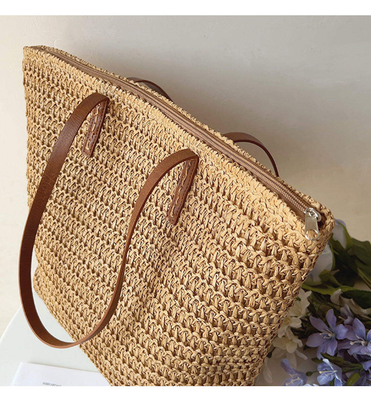Leren Tote Tas Riet Geweven Zomerse Shopper