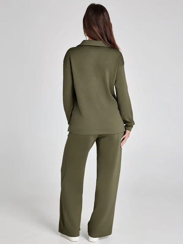 Dames Tweedelige Set met V-Hals Sweatshirt en Wijde Broek – Comfortabel & Stijlvol – Voor Herfst/Winter