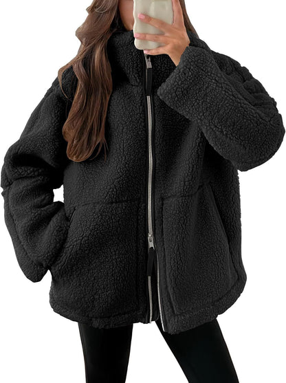 Dames Fleece Jas Warm en Stijlvol met Hoge Kraag en Zakken