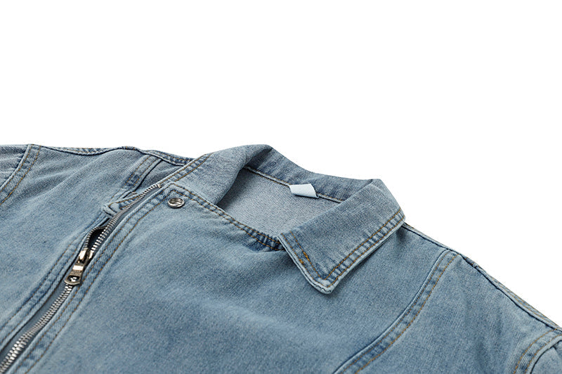 Dames Biker Jacket Kort Denim Model met Grote Kraag