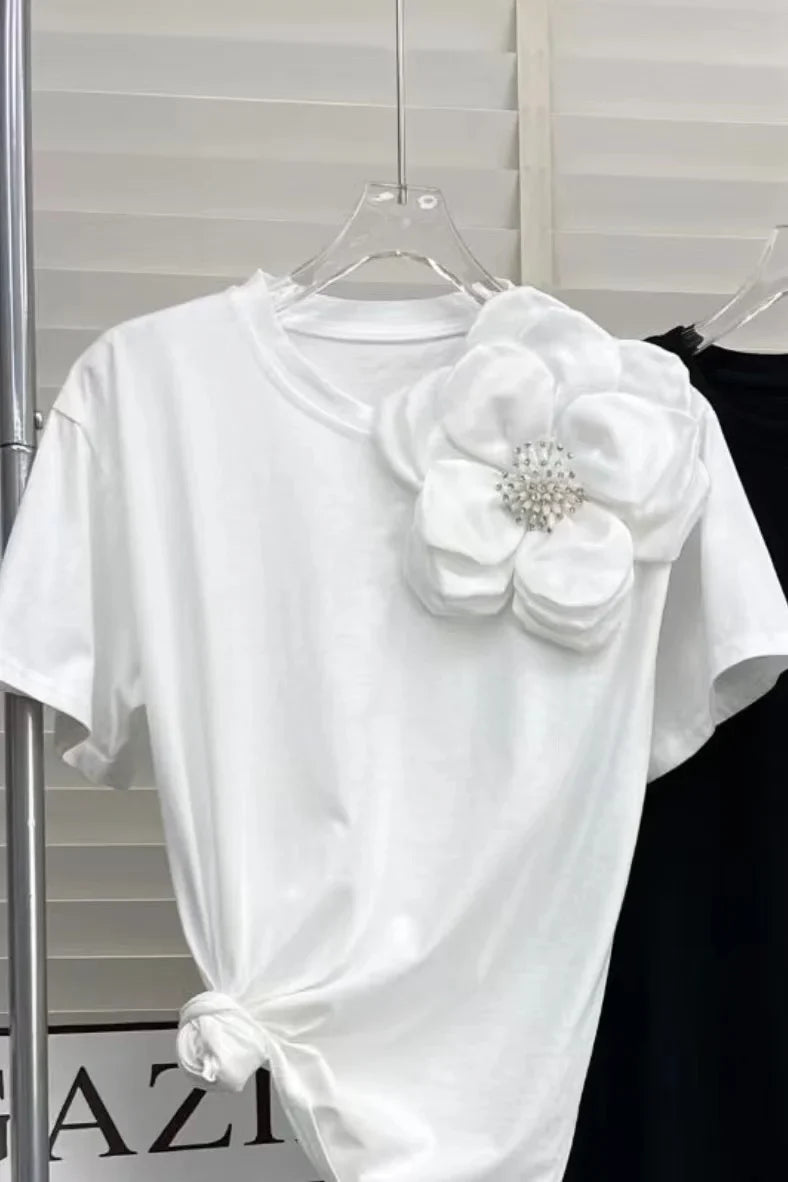 Kort T-shirt met 3D Bloemen voor Vrouwen