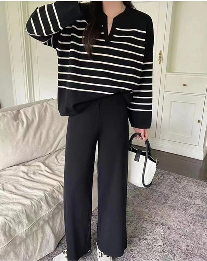 Dames Tweedelige Set Gebreid met Broek en Top Streepjes