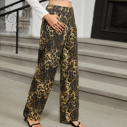 Dames Broek Leopard Print Afgewassen 5-Pocket Stijlvolle Streetstyle
