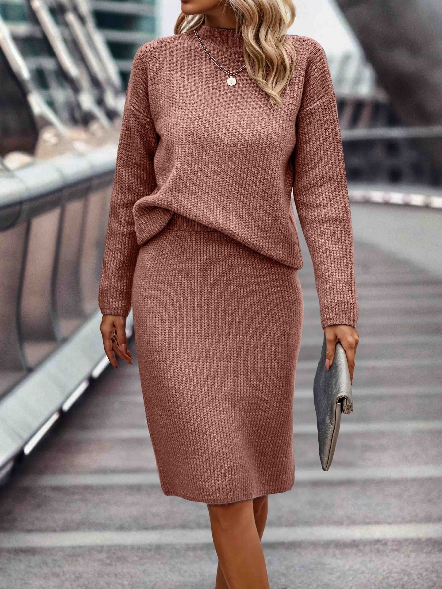 Dames Gebreide Set Rok en Trui Hoge Hals Stijlvol