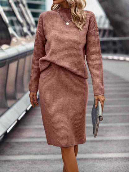 Dames Gebreide Set Rok en Trui Hoge Hals Stijlvol