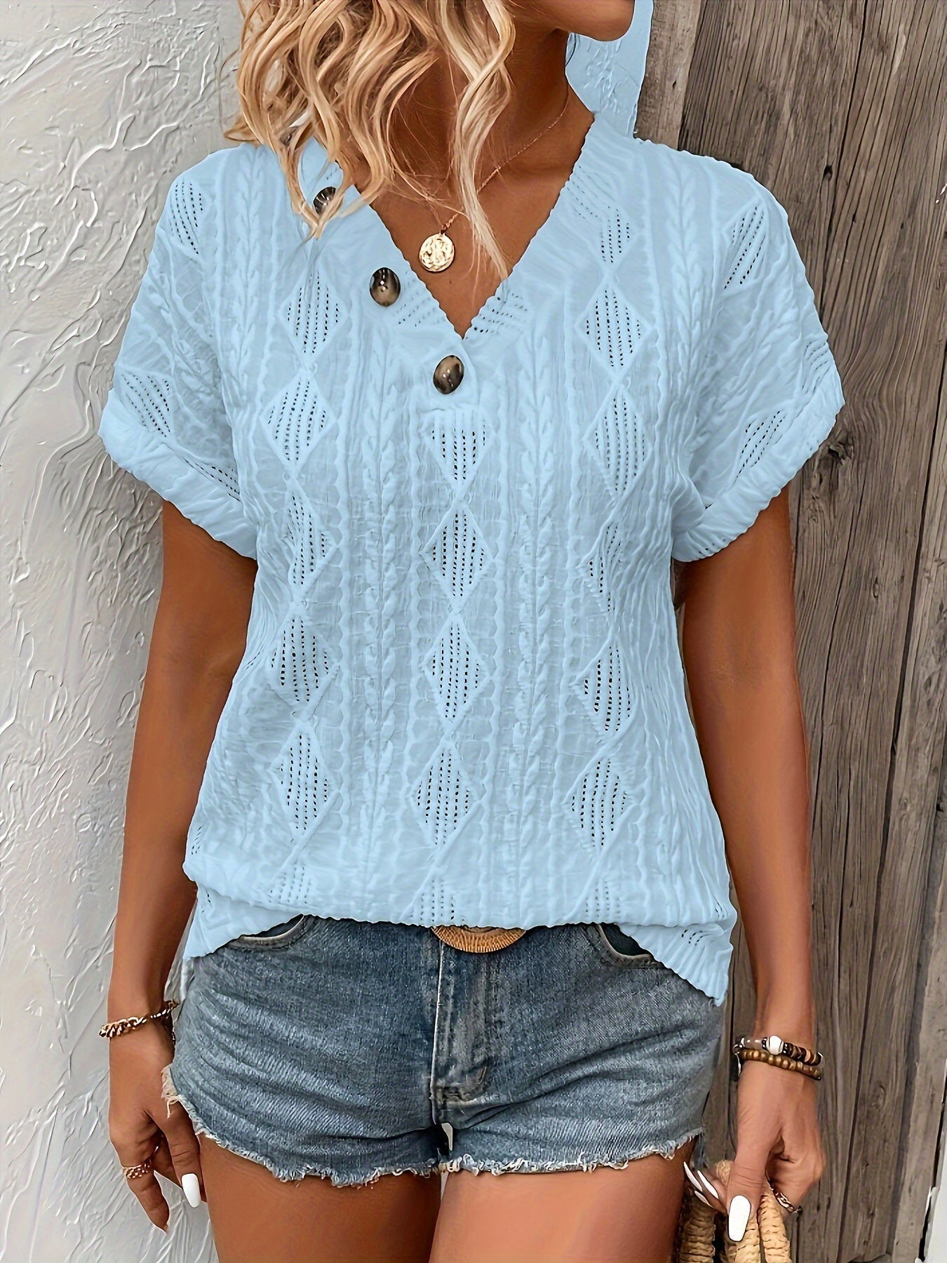 V-Hals Top Gebreid met Knoopjes Detail