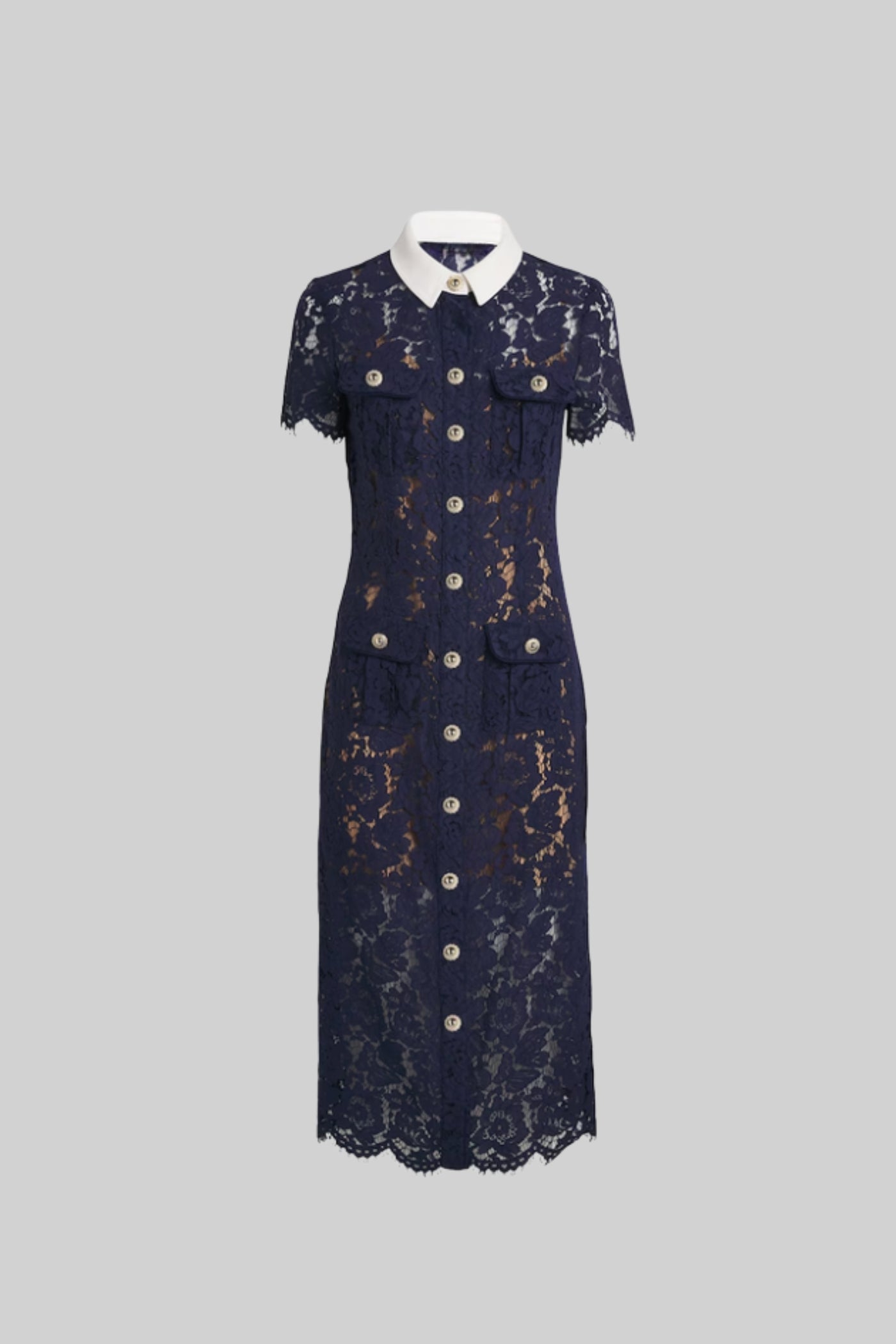 Dames Midi Jurk van Bloemenkant met Kraag en Tailleceintuur – Marineblauw