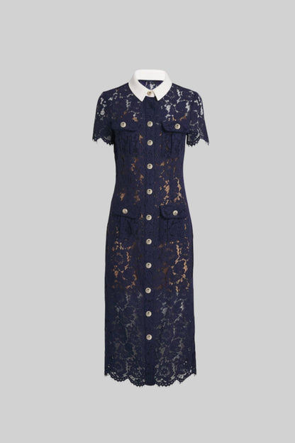 Dames Midi Jurk van Bloemenkant met Kraag en Tailleceintuur – Marineblauw