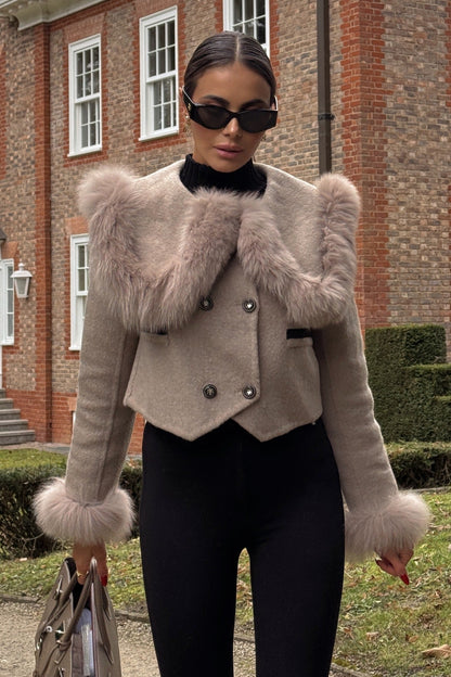 Dames Cropped Jas met Dubbele Knoopsluiting en Bontkraag – Bruin
