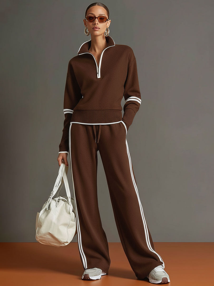 Dames Retro Sportieve Set met Half-Rits Sweater en Wijde Broek