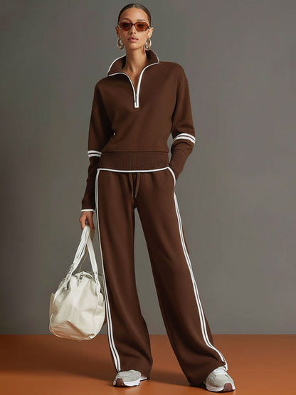 Dames Retro Sportieve Set met Half-Rits Sweater en Wijde Broek